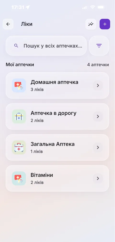 List of medicine kits in the Med Home Kit app